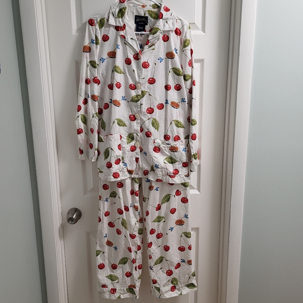 Nick & Nora 2 Piece Sleepwear Pajama Set Top Pants Womens BlueBirds Cherry Pie S